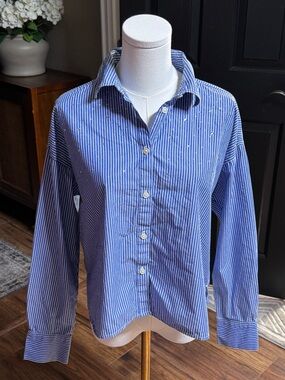 {GAP} Blue White Stripe Rhinestones Oversized Crop Button Down Dress Shirt WSH43
